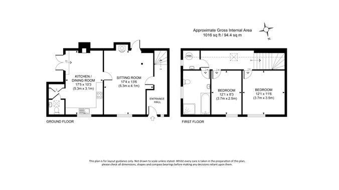 The floor plan for 2 Bettenham Cottages, showing the ground floor with sitting room, kitchen and toilet, and the first floor with two bedrooms and bathroom